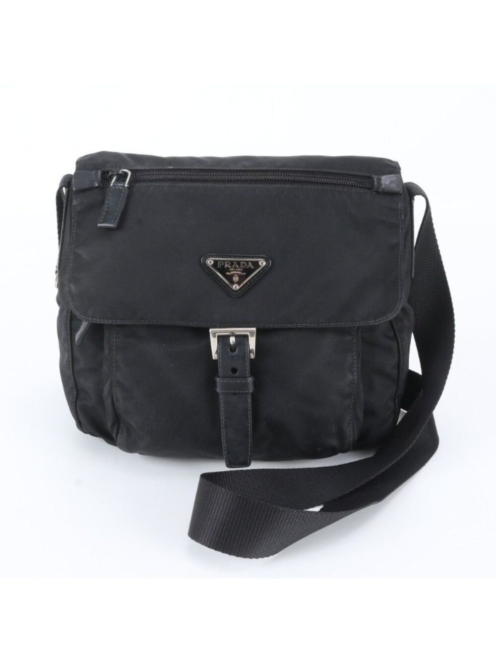 Prada Tessuto Nylon Triangle Logo Leather Shoulder Bag Crossbody Messenger Black